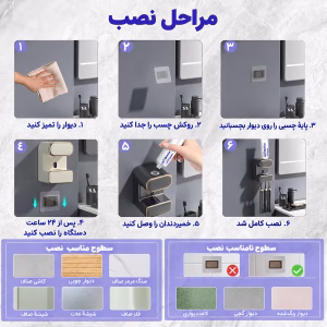 راهنمای تصویری نصب پایه چسبی، قرار دادن خمیر دندان و اتصال جا مسواکی RA-958 به دیوار